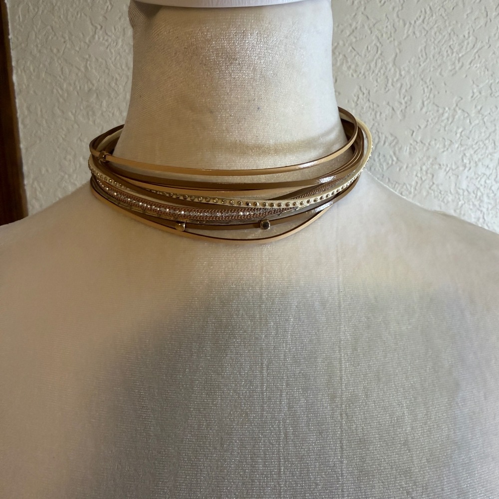 Multi Strand Choker Necklace Women OS Gold Faux Leather Rhinestone